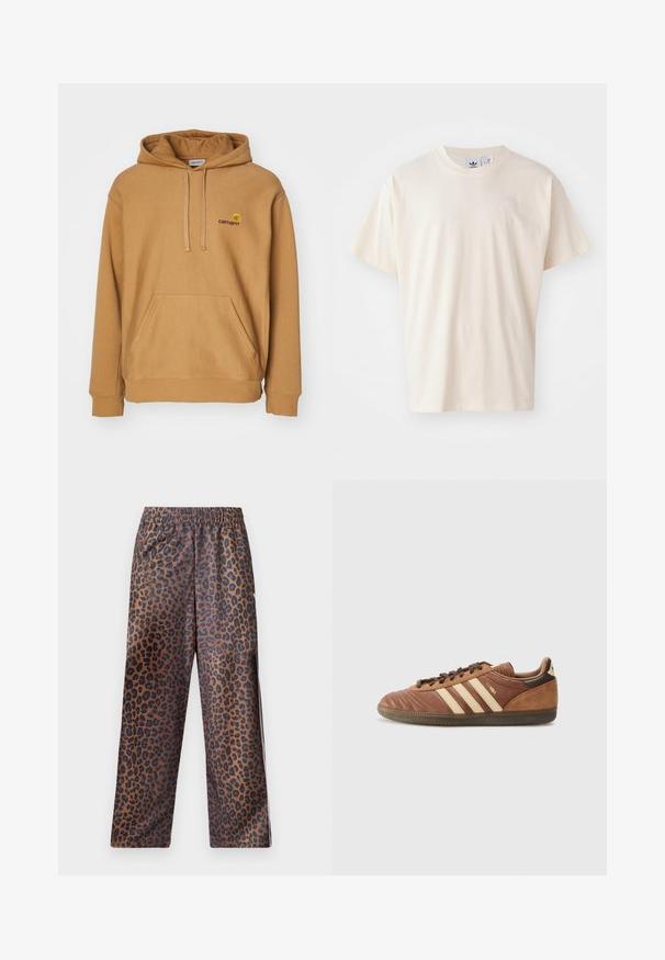 Brun hettegenser laget av myk stoff, med en frontlomme og brodert logo på brystet. Enkel design, ribbede mansjetter.; Kremfarget bomullst-skjorte med rund hals og korte ermer; har en liten, lysfarget logo på brystet.; Leopardmønstrede bukser med elastisk talje. Lavet af et skinnende stof, med en brun bund og sorte pletter samt en løs pasform.; adidas Originals SAMBA UNISEX - Joggesko - preloved brown/sand strata/dark brown