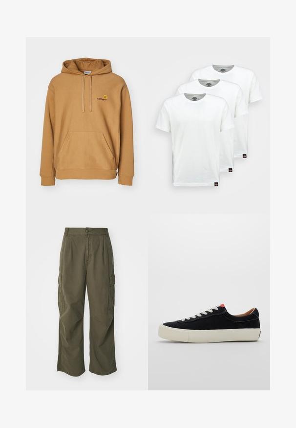 Braun Kapuzenpullover aus weichem Stoff, mit einer vorderen Kängurutasche und gesticktem Logo auf der Brust. Einfaches Design, gerippte Bündchen.; Drei schlichte weiße Baumwoll-T-Shirts mit kurzen Ärmeln. Jedes Shirt hat einen runden Ausschnitt und ein kleines schwarzes Logotipo auf der linken Seite.; Cargo-Hosen in Olivgrün, aus Baumwolle, mit weitem Bein, Falten und seitlichen Taschen für Funktionalität.; Schwarze Stoffturnschuhe mit weißen Schnürsenkeln, beigem Gummisohle und rotem Akzent an der Ferse. Runde Zehenform und minimale Nähdetails.