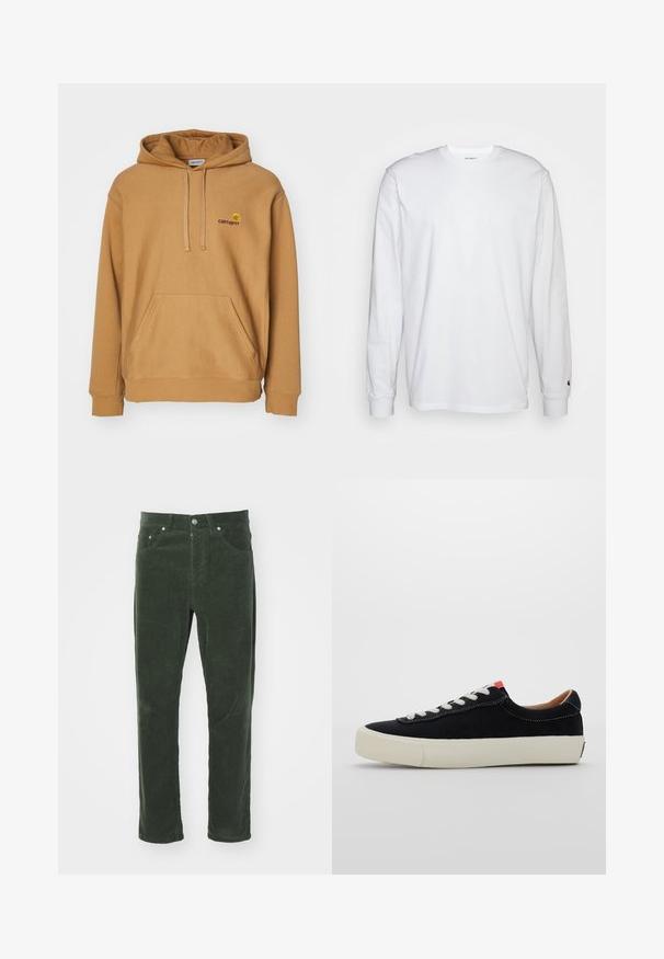 Brown hooded sweatshirt made of soft fabric, featuring a front pouch pocket and embroidered logo on the chest. Simple design, ribbed cuffs.; White long-sleeved T-shirt made of cotton. Crew neck design with ribbed cuffs and a small logo on the left sleeve. Smooth texture.; Green corduroy pants with a straight-leg design, featuring five pockets, metal button closure, and textured ribbed surface.; Black fabric sneaker with white laces, beige rubber sole, and red accent at the heel. Rounded toe and minimal stitching detail.