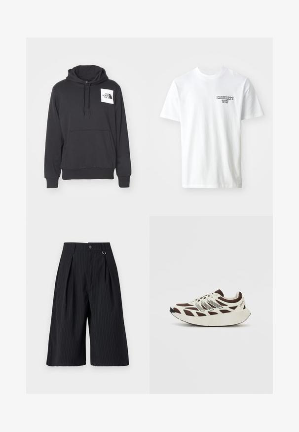 Melns kapuce, izgatavota no mīksta auduma, ar priekšējo kabatu, auklu kapuci un balto logo uzlīmi kreisajā krūtī.; Balts kokvilnas T-krekls ar apaļu kakla izgriezumu. Uz kreisā krūšu puses ir neliels zils teksta logo "CARHARTT WIP". Klasiska piegriezuma, īsas piedurknes.; Melnas svītrainas šortas ar krokām, pogu aizdari un metāla gredzena akcentu. Gluda auduma, pielāgota piegriezuma un ceļgala garuma dizains.; Brūni un krēmkrāsas sporta apavi ar sieta augšdaļu, teksturētām virskārtām un noapaļotu, biezām baltām zolēm. Iezīmes zema profila valkāšana un auklas.