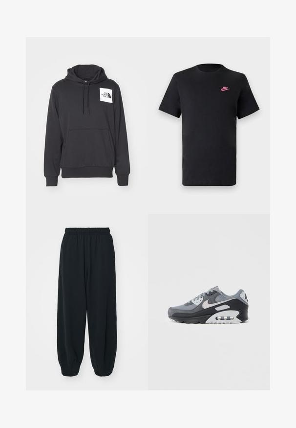 Fekete kapucnis pulóver, puha anyagból készült, elöl zsebbel, húzózsinórral ellátott kapucnival és fehér logósapkával a bal melle területén.; Fekete pamut póló kerek nyakkivágással és rövid ujjakkal. Bal felső oldalon rózsaszín Nike logóval. Sima textúra.; Fekete, rugalmas derékpántos melegítőnadrág, laza fit, véget érő szárakkal, sima textúrával, látható minták vagy hardver díszek nélkül.; Szürke tornacipő hálós és hasított bőr anyagok keverékével, fekete talppal és látható légpárnával. Jellegzetes világosszürke részletek és fűzők.