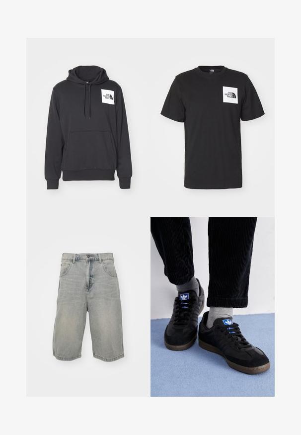 Čierna mikina s kapucňou vyrobená z mäkkej tkaniny, s prednou vreckovou kapsou, sťahovacou kapucňou a bielou nášivkou loga na ľavej strane hrudníka.; Čierne bavlnené tričko s krátkymi rukávmi, okrúhlym výstrihom a bielym štvorcovým logom na hrudi, ktoré obsahuje text "The North Face" a zakrivený dizajn.; Svetlomodré džínsové šortky s voľným strihom, ktoré majú päť vreciek, pútka na opasok a vyblednutú textúru. Rúbený a prešitý naspodok.; Čierne tenisky z semišového a koženého materiálu, so modrým logom a hnedou gumovou podrážkou. V kombinácii so sivými ponožkami a kordovým nohavicami.