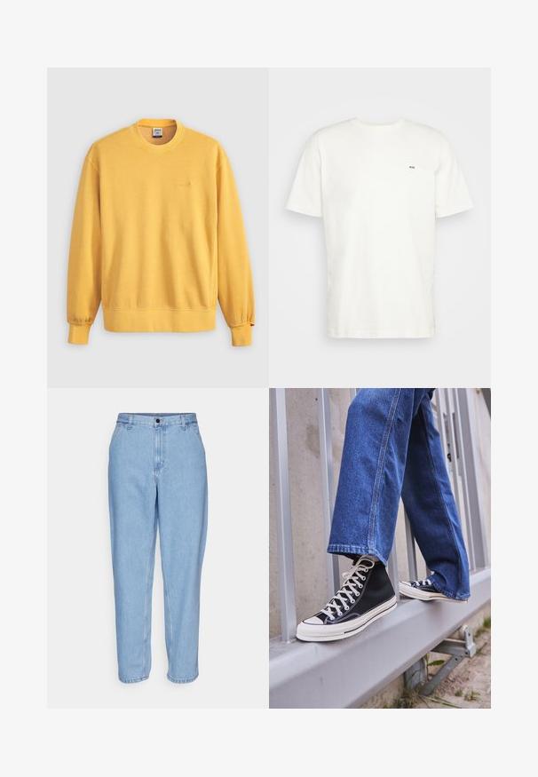 Żółta bluza z długimi rękawami, okrągłym dekoltem i prążkowanymi ściągaczami. Na piersi drobne, haftowane logo marki. Miękka w dotyku.; Biała bawełniana koszulka z okrągłym dekoltem, krótkimi rękawami i małym czarnym logo "W.W." na lewej piersi. Gładka tekstura, standardowy krój.; Jasnoniebieskie dżinsy o luźnym kroju, wysokim stanie i prostych nogawkach. Posiadają kieszenie z przodu oraz metalowe zapięcie.; Czarne sneakersy za kostkę z białą podeszwą i sznurówkami, w połączeniu z luźnymi niebieskimi dżinsami, opierające się na szarym balustradzie.