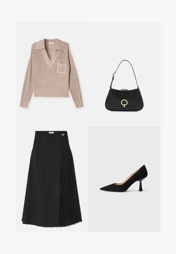 Pull en tricot beige avec col, décolleté en V, manches longues et poche poitrine. Présente des finitions contrastantes blanches le long du col et du bord de la poche.; Jupe midi noire avec un design plissé sur un côté, fabriquée en tissu léger, dotée d'une fermeture éclair cachée et de poches latérales.; Pompe à talons hauts en suède noir avec un bout pointu, dotée d'un talon bloc noir brillant et d'une doublure intérieure lisse.; Sac à main en cuir noir avec une silhouette arrondie, une courte bandoulière, un matériel doré central et une texture lisse. Aucun motif ni accent visible.