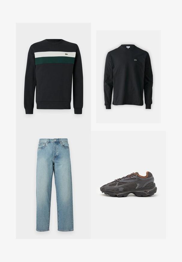 Tumša svītra ar melnu pamatu, ar zaļām un baltām horizontālām svītrām uz krūšu daļas un mazu izšūtu logotipu kreisajā pusē.; Melna garām piedurknēm t-krekls, izgatavots no kokvilnas, ar apaļu kakla izgriezumu un mazu zaļu izšūtu krokodila logo kreisajā krūtī.; Gaiši zili džinsi ar brīvu piegriezumu, taisnām kājām, piecu kabatu dizainu un pogu aizdari jostasvietā. Minimālistiski izšuvumi.; Lacoste kedas tumši pelēkā krāsā ar acu audumu un sintētisko materiālu, ar teksturētu zoli un brūniem akcentiem apkaklītē un zīmola uzrakstā.