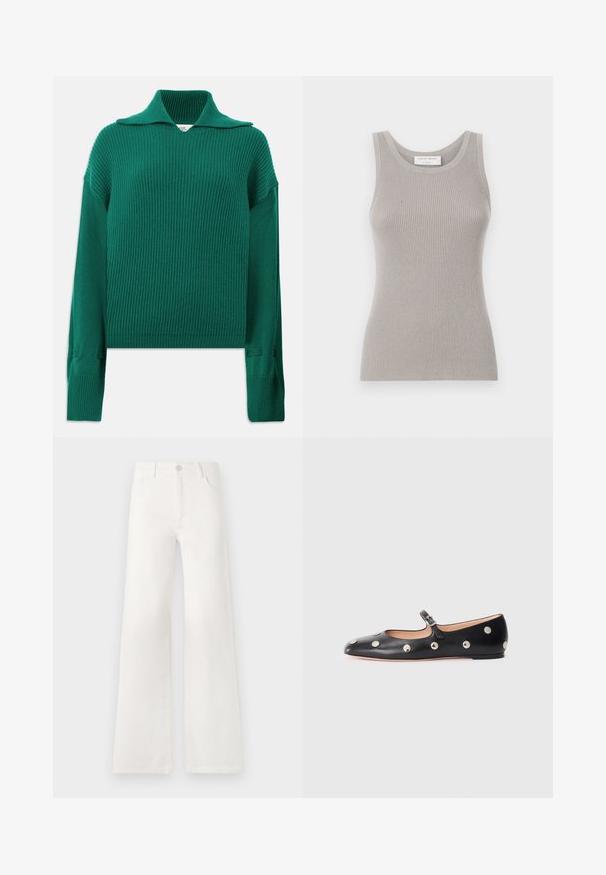 Pulover tricotat verde, cu nervuri, cu guler larg, mâneci lungi și slituri pe laterale. Prezintă un finisaj texturat și o croială lejeră.; Top tank griș cu dungi, cu decolteu rotund și bretele late. Are o textură moale și un design care se formează pe corp. Eticheta mărcii este vizibilă.; Jeans albe, cu talie înaltă și croială largă, realizate din denim. Dispun de închidere cu buton, două buzunare frontale și cusături detaliate pe laterale.; Pantofii Mary Jane din piele neagră, cu vârful rotund, decorati cu nasturi circulari argintii și o curea ajustabilă cu cataramă.
