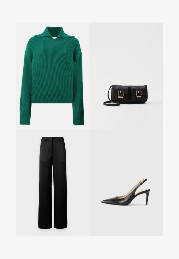 Zeleni pleteni pulover z rebrastim vzorcem, širokim ovratnikom, dolgimi rokavi in stranskimi razpoki. Ima teksturiran zaključek in sproščen kroj.; Široke črne hlače z teksturirano površino, ki imajo ravno pasnico in dve stranski žepki. Tkanina se zdi lahka in tekoča.; Črne usnjene petke s slingback obliko, ostro konico, nastavljivim trakom in elegantnim stiletto peto, s gladko obdelavo.; Črna usnjena torbica čez ramo z dvema sprednjima žepoma, zlatimi zaponkami, zadrgo in ozkim pasom. Tekstura površine je strukturirana, obliko pa ima kompaktno pravokotno.