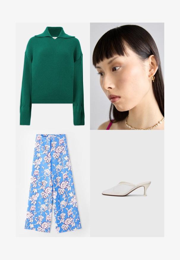 Zöld bordázott kötött pulóver széles gallérral, hosszú ujjal és oldalsó hasítékokkal. Téglalap alakú dizájnja texturált felületet és laza illeszkedést kínál.; Kék virágmintás nadrág, amely pasztell rózsamintával van díszítve. Az anyag sima, laza szabású, széles lábú, és rugalmas derékpánttal rendelkezik.; Fehér hálós, hegyes orrú mules cipő, vékony, középmagas sarkával és slip-on kialakításával, egyszerű háttér előtt.; Arany fülbevaló, amelyet a jobb fülön viselnek, nyitott dizájnnal. A modellen egyenes, sötét haj és minimális smink található.