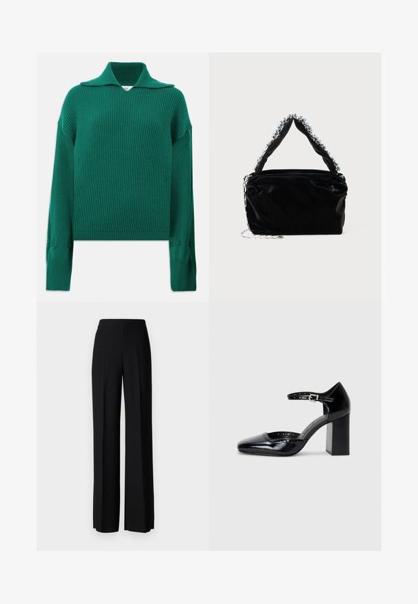 Grüner gerippter Strickpullover mit breitem Kragen, langen Ärmeln und seitlichen Schlitzen. Hat eine strukturierte Oberfläche und eine lockere Passform.; Schwarze weite Hosen mit einer glatten Textur, ausgestattet mit einem hohen Bund und mittleren Falten. Keine sichtbaren Muster oder Hardware-Details.; Schwarze patentierte Leder-High Heels mit quadratischer Zehenform, Knöchelriemchen und dicker Absatz. Enthält durchbrochene Details entlang des Randes.; Schwarze Handtasche aus Kunstleder mit strukturiertem Finish, ausgestattet mit einem mit Perlen verzierten silbernen Akzent am oberen Griff und einem Kettenriemen.