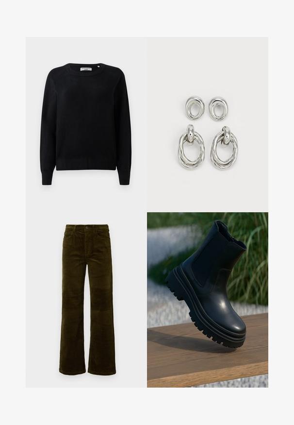 Svart strikkegenser med rund hals, lange ermer og ribbestrikkede mansjetter og kant. Myk tekstur, ingen synlige mønstre eller detaljer.; To lange ermesskjorter med høy hals, en hvit og en svart, laget av et glatt, elastisk stoff, begge med slim-fit design og høye krager.; Kordfløyelsbukser med vide ben i dyp olivengrønn. Har fem lommer, knappelukking og vertikal ribbet tekstur. Standard passform med et klassisk design.; Svart lær ankelstøvel med tykk såle, elastiske sidepaneler og en glatt overflate. Hevet design med kontrasterende såledetaljer.; Sølvfargede metaløredobber med to par design: en vridd sirkelformet ring og en glatt sirkelformet stud. Reflekterende overflate forbedrer elegansen.