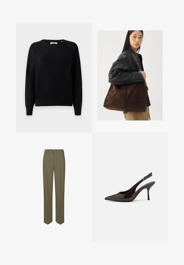 Black knit sweater with a round neckline, long sleeves, and ribbed cuffs and hem. Soft texture, no visible patterns or hardware.; Olive green tailored trousers with a straight leg, single button closure, and two front pleats, featuring a smooth, woven texture.; Slingback high-heeled shoe in glossy dark brown patent leather, pointed toe, open sides, and adjustable ankle strap.; Brown suede tote bag with a wide shape and soft texture, featuring a single strap and minimal hardware against a neutral backdrop.