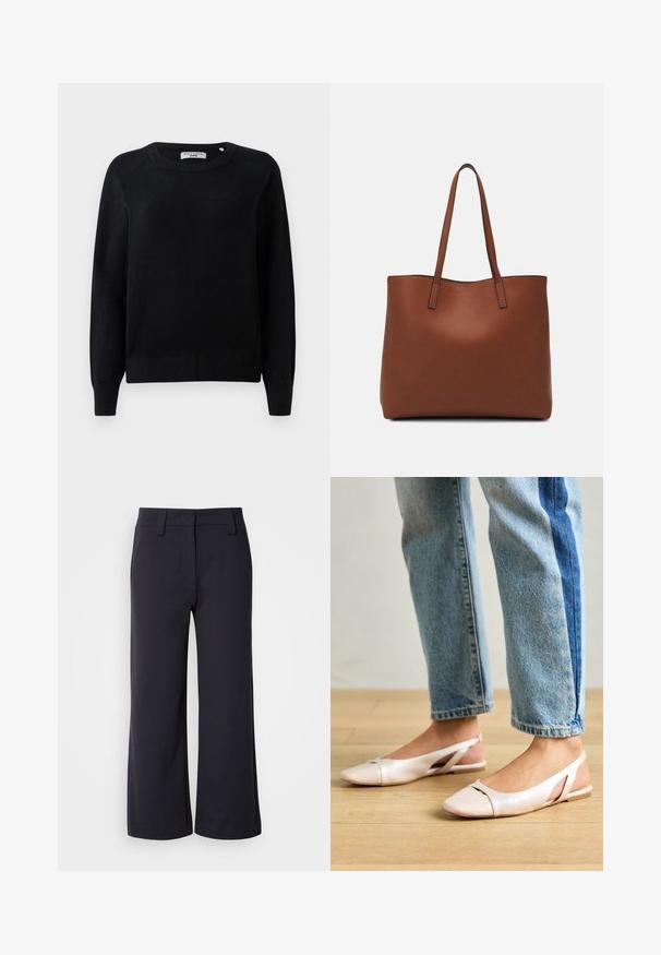 Suéter de malha preto com decote redondo, mangas longas e punhos e bainha canelados. Textura suave, sem padrões ou acessórios visíveis.; Calças largas de tecido azul marinho escuro. Apresentam uma frente lisa, passantes para cinto e bolsos laterais. O material é suave com um ligeiro alongamento.; Sapatilhas slingback de cor rosa pálido com bico fino, feitas de um material semelhante a couro liso. Apresentam detalhes recortados nas laterais e um salto plano.; Bolsa tote de couro castanho com uma textura suave, design de abertura superior e duas alças para o ombro. Apresenta costura mínima e sem hardware visível.