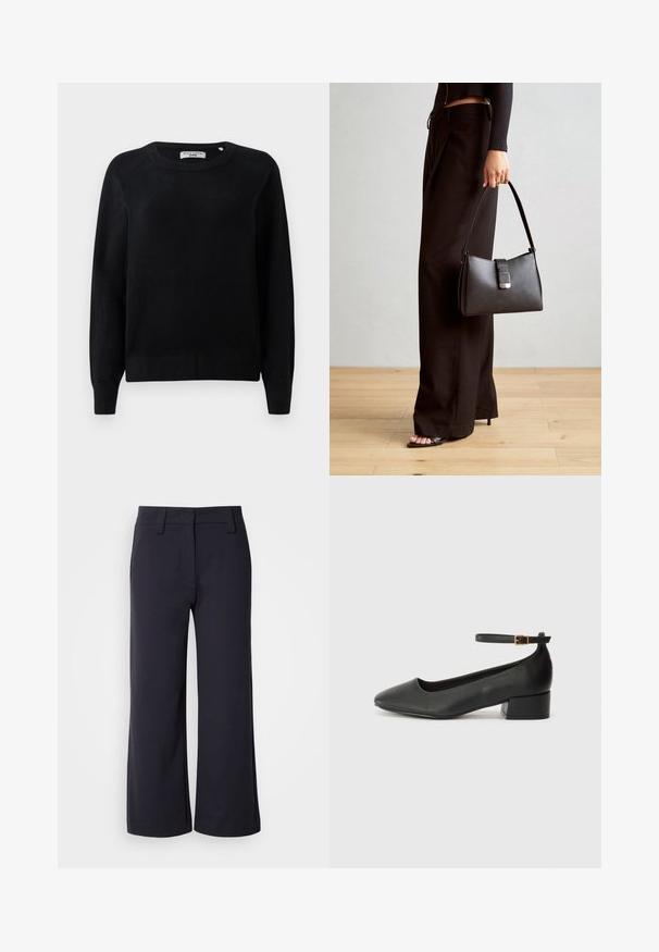 Crni pleteni pulover s okruglim izrezom, dugim rukavima i rebrastim manžetama i rubom. Mekana tekstura, bez vidljivih uzoraka ili hardvera.; Hlače širokih nogavica od tamnoplave tkanine. Imaju ravni prednji dio, petlje za remen i bočne džepove. Materijal je gladak s laganim rastezljivim svojstvom.; Crne kožne pumpe s oštrim vrhom i niskom blok petom. Sadrže remen oko gležnja s zlatnim kopčanjem. Glatka tekstura.; Crna torba s oblikom koji sadrži strukturu, glađu teksturu i metalnu kopču. Uparena s širokim crnim hlačama i sandalama na otvorenom s drvenog poda.