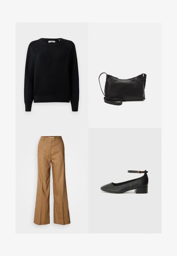 Black knit sweater with a round neckline, long sleeves, and ribbed cuffs and hem. Soft texture, no visible patterns or hardware.; Brown wide-leg pants made of lightweight fabric. Features a flat front, belt loops, and a tailored silhouette with an ankle-length cut.; Black leather pump with a pointed toe and a low block heel. Features an ankle strap with a gold-tone buckle. Smooth texture.; Black leather shoulder bag with a smooth texture, curved shape, adjustable strap, and a zip closure. Minimalist design without embellishments.