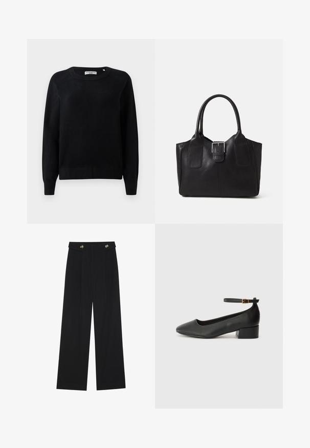 Pulover negru din tricot, cu guler rotund, mâneci lungi și manșete și tiv cu model din jerseu. Textură moale, fără modele sau accesorii vizibile.; Pantaloni negri cu picioare largi, talie înaltă, detalii cu butoane pe talie și pliseuri în față.; Pantof cu toc negru din piele, cu vârf ascuțit și toc mic pătrat. Dispune de o curea la gleznă cu o cataramă în tonuri de aur. Textură netedă.; Geantă tote din piele neagră cu textură netedă, formă structurată, două mânere și un detaliu proeminent din aliaj de argint pe partea din față.