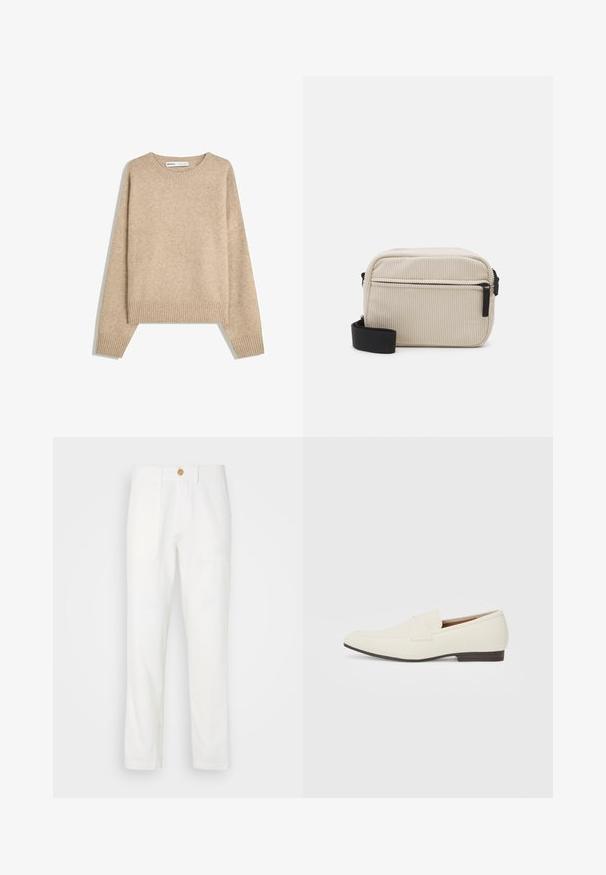 Beige sweater made of soft, textured knit. Features a round neckline, ribbed cuffs, and a cropped hem with dropped shoulders.; White fabric trousers with a straight cut, featuring two front pockets and a button closure. Smooth texture and clean design.; Light beige loafers with a pointed toe, smooth material, a strap across the vamp, and a low brown sole. Simple design with minimal accents.; Cream-colored corduroy crossbody bag with a black zipper, removable strap, and textured pattern. Features one main compartment and front pocket.