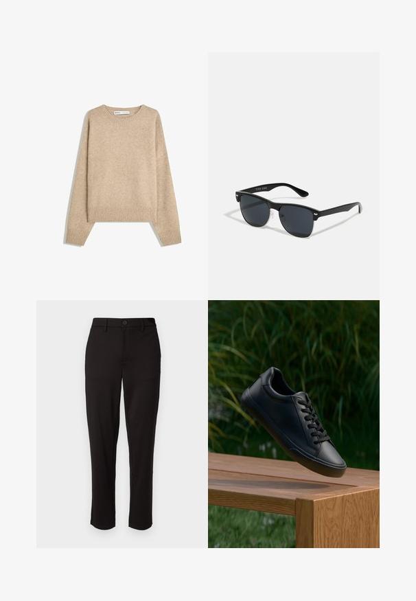 Beiger Pullover aus weichem, strukturiertem Strick. Verfügt über einen runden Ausschnitt, gerippte Bündchen und einen verkürzten Saum mit überschnittenen Schultern.; Schwarze Hose aus leichtem Stoff, im geraden Schnitt, mit vorderem Knopfverschluss, Gürtelschlaufen und Seitentaschen.; Schwarze Ledersneaker mit glatter Textur, runder Zehenform und flachen Schnürsenkeln, positioniert über einer Holzoberfläche mit grünem Gras im Hintergrund.; Schwarze Sonnenbrille mit rechteckiger Form, dunklen Gläsern, silbernen Akzenten an den Bügeln und mattierter Oberfläche des Rahmens.