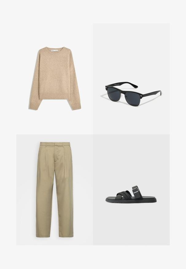 Beiger Pullover aus weichem, strukturiertem Strick. Verfügt über einen runden Ausschnitt, gerippte Bündchen und einen verkürzten Saum mit überschnittenen Schultern.; Beige, hochgeschnittene Hose mit geradem Schnitt, flachem Bund, Seitentaschen und einem glatten, strukturierten Stoff.; Schwarze Sandale mit geflochtenen Riemen, flacher Sohle und verstellbarem Knöchelriemen. Hergestellt aus synthetischem Material mit glatter Oberfläche.; Schwarze Sonnenbrille mit rechteckiger Form, dunklen Gläsern, silbernen Akzenten an den Bügeln und mattierter Oberfläche des Rahmens.