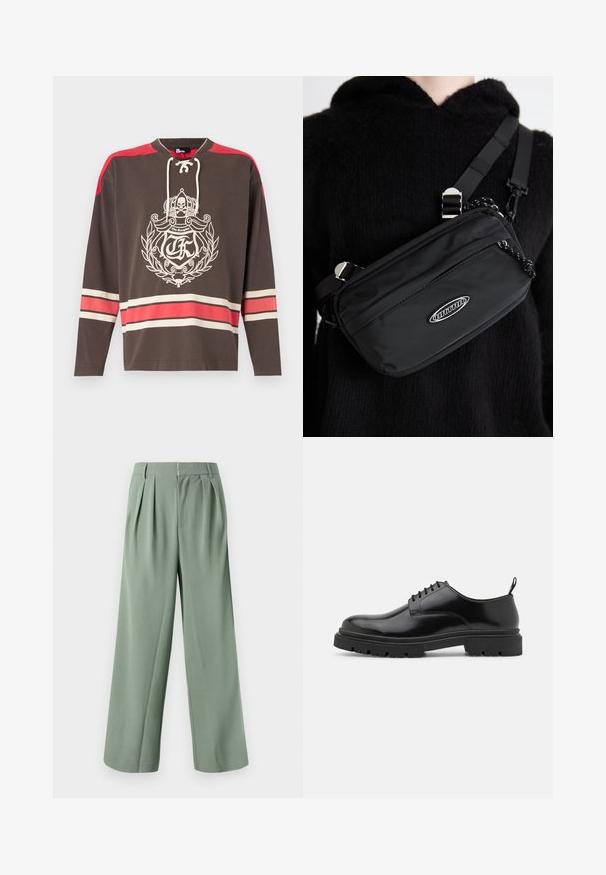 Camicetta marrone a maniche lunghe con una grafica frontale raffigurante una corona e un teschio, dettagli rossi sulle spalle e righe orizzontali in crema e rosso.; Pantaloni larghi verdi con pieghe, realizzati in tessuto morbido. Presentano una chiusura con zip e due tasche laterali. Design semplice e sartoriale.; Scarpe stringate in pelle nera con punta arrotondata, texture liscia e suola in gomma rigata. Presentano un piccolo tacco e un pratico cinturino sul retro.; Borsa a tracolla nera in nylon con tracolla regolabile, caratterizzata da una texture liscia, una tasca con zip frontale e un accento con logo.