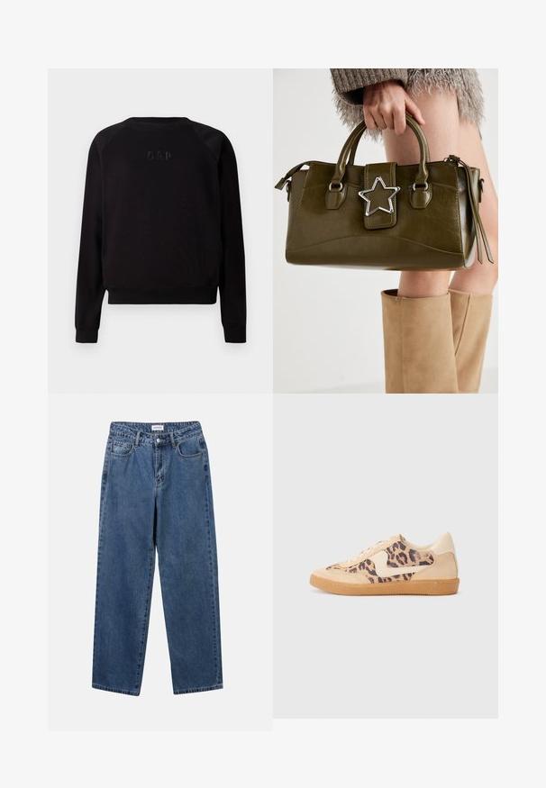 Črna dolga majica s kratkimi rokavi in ovratnikom s subtilnim izšitim logotipom GAP na prsih, ribbed manšeti in robom.; Klasične modre jeans hlače s ravnim krojem, petimi žepi in gumbom za zapiranje. Imajo srednje pranje in trdno teksturo.; Teniske s leopardjim vzorom z zgornjim delom iz bež semiša, rjavim gumijastim podplatom in belimi detajli. Okrogla konica in vezenje z vezalkami ter teksturirana površina.; Olivnozeleno usnjeno ročno torbico z srebrno zvezdo, dvema ročajema in zadrgo. Teksturna površina in strukturirana oblika.