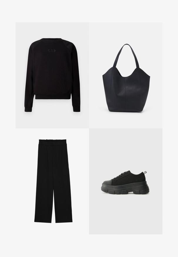 Fekete, hosszú ujjú, kerek nyakú pulóver, diszkrét, kiemelkedő GAP logóval hímzéssel a mellkason, bordázott mandzsettákkal és szegéllyel.; Fekete, bőszárú nadrág fodros derékrésszel, két oldalsó zsebbel és sima, könnyű anyagból. Nincsenek látható minták vagy fémalkatrészek.; Fekete sportcipők vastag gumitalppal, texturált szövet felsőrésszel, kerek orral és fűzős kialakítással. Megerősített fűzőlyukakkal és hátsó húzófüllel rendelkezik.; Fekete tote táska sima bőrből, ívelt, nyitott tetővel és két vállpánttal, minimális dizájnnal.