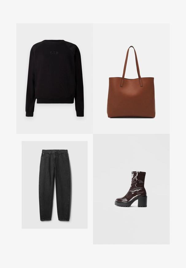 Melna garās piedurknēs kreklveida džemperis ar smalki izcelto GAP logo izšuvumu uz krūtīm, ribota apakšmala un piedurkņu gali.; Melnas džinsu bikses ar taisnu piegriezumu, piecu kabatu dizainu, jostas cilpām un pogu aizdari. Audumam ir gluda struktūra ar mazliet izbalējušu izskatu.; Spīdīgas bordo potīšu botītes ar masīlu melnu papēdi, kurām ir gluda tekstūra un vienkāršs dizains. Nav redzamu aizdari vai rakstu.; Brūna ādas iepirkumu soma ar gludu tekstūru, atvērta augšdaļa un divas plecu siksnas. Izceļas ar minimālām šuvēm un redzamu aparatūru nav.