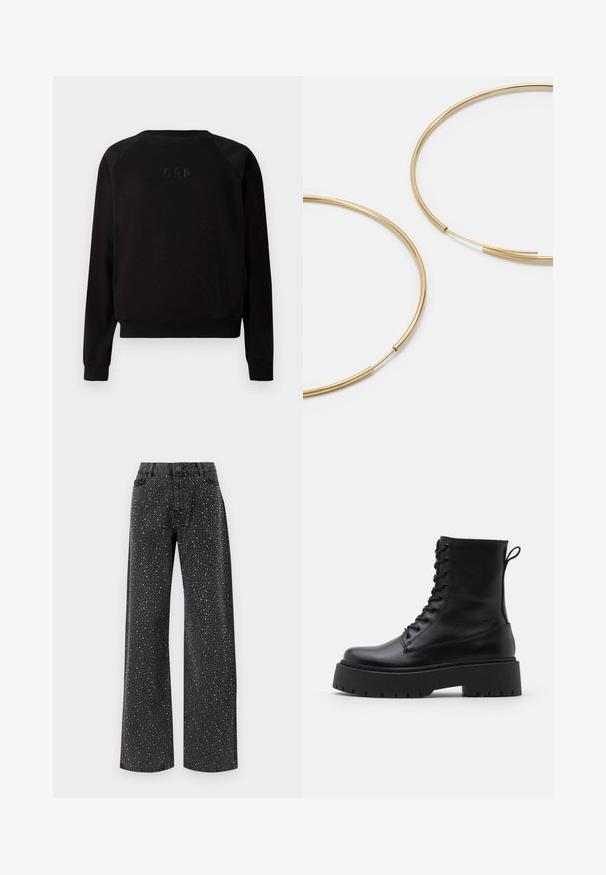 Čierny dlhý rukáv pulóver s okrúhlym výstrihom so subtilným vystúpeným logom GAP vyšitém na hrudi, s rebrovanými manžetami a lemom.; Noisy May NMJANNEL LOOSE - Džínsy voľného strihu - black denim; Čierne kožené členkové topánky s okrúhlou špičkou, šnurovaním vpredu a hrubou gumovou podrážkou s textúrovaným vzorom. Sťahovací pútko na zadnej strane.; Zlaté kruhové náušnice, tenké a okrúhleho tvaru, s hladkým kovovým povrchom a bez ozdôb alebo vzorov.