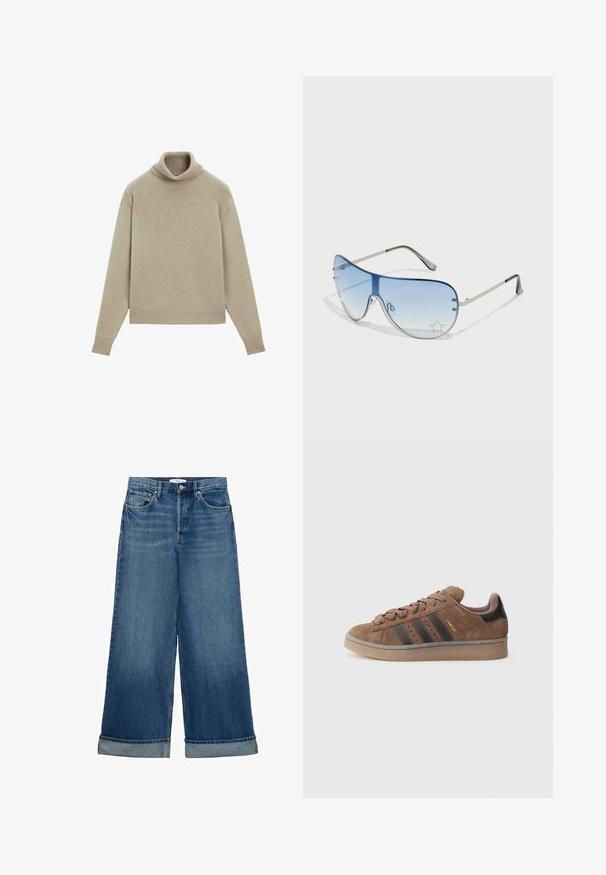 Beige Rollkragenpullover aus weichem Material, mit geripptem Kragen und Säumen, lässiger Passform und langen Ärmeln. Glatte Textur, minimalistisches Design.; Dunkelblaue weit geschnittene Jeans mit hoher Taille, fünf Taschen, Knopf- und Reißverschluss sowie umgeschlagenen Säumen. Klassische Denim-Textur.; Brauner Wildleder-Sneaker mit drei dunklen Streifen, strukturiertem Schnürverschluss vorn und kontrastierender schwarzer Ferse. Ausgestattet mit einer Gummisohle und goldfarbenem Branding.; Flugzeugbrille mit einem verlaufenden blauen Glase, silbernem Metallrahmen und dekorativen Sternelementen auf dem Glas. Glattes und elegantes Design.