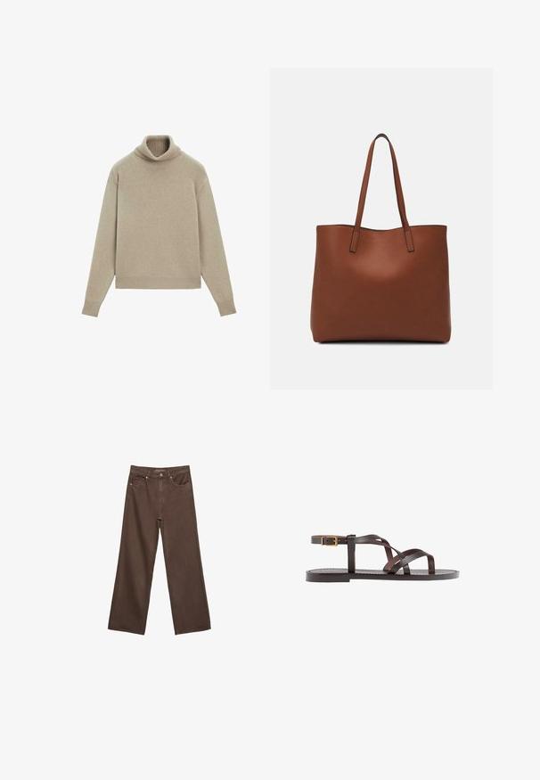 Beige polotröja gjord av mjukt material, med ribbad krage och avslut, avslappnad passform och långa ärmar. Slät textur, minimalistisk design.; Breda bruna jeans i denim med hög midja, framfickor och klassisk knäppning. Slät textur med subtil sömnad.; Bruna lädersandaler med korsade remmar, spänne runt vristen och en platt sula med minimala sömnadsdetaljer.; Brun läder tote-väska med en slät textur, öppen toppdesign och två axelremmar. Har minimal söm och ingen synlig metalldetalj.