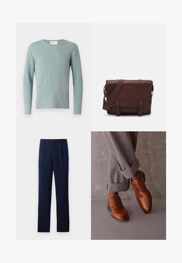 Pull long à manches longues bleu clair avec un motif en vagues texturé, col rond et poignets côtelés. Fabriqué en tissu tricoté, texture lisse.; Trois chemises à manches longues : bleu clair, blanche et marine. Toutes ont un col classique et une fermeture à boutons à l'avant, en tissu lisse.; Pantalons bleu marine en tissu lisse, dotés d'une fermeture à un bouton, de plis et de jambes droites. Design minimaliste sans motifs notables.; Des chaussures en cuir marron présentent un bout arrondi, un laçage à cinq œillets et des lacets sombres contrastés. Le pantalon est à carreaux, retroussé aux poignets.; Sac en cuir marron de style messager avec un rabat plat à l'avant, deux sangles, des accents en métal doré et une bandoulière adjustable.