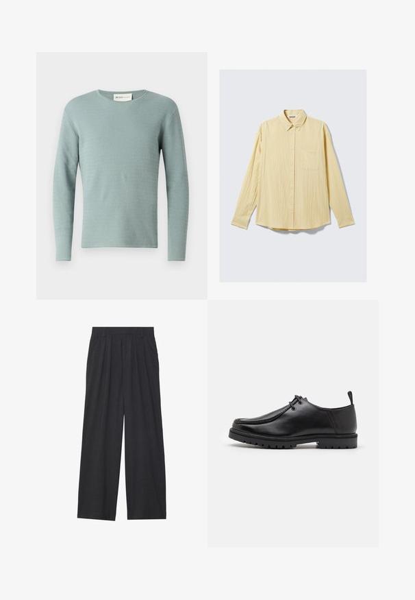 Világoskék, hosszú ujjú pulóver, texturált hullámmintával, kerek nyakkivágással és bordázott mandzsettákkal. Kötött anyagból készült, sima tapintású.; Hosszú ujjas gombos ing puha sárga anyagból, amely textúrált felülettel, gallérral és egyetlen bal oldali mellzsebbel rendelkezik.; Sötétszürke anyagból készült, bő szárú nadrág. Ráncokkal a deréknál, elegáns fazonnal és egyenes sziluettel rendelkezik.; Fekete bőr cipő, fűzős kivitelben, strapabíró talppal és saroknál húzófüllel, oldalnézetből, fehér háttér előtt.