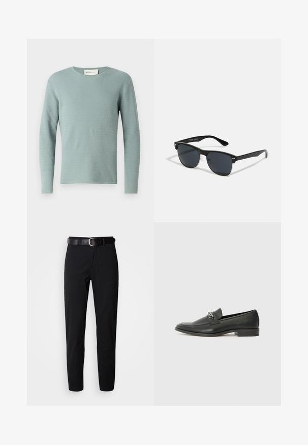 Light blue long-sleeve sweater with a textured wave pattern, round neckline, and ribbed cuffs. Made of knitted fabric, smooth texture.; Black trousers with a straight cut, featuring a smooth texture and a black leather belt with a silver buckle. Simple design, no patterns or accents.; Black leather loafer with a smooth finish, featuring a stitched design and a decorative metal chain accent across the vamp. Flat heel.; Black sunglasses with a rectangular shape, dark lenses, silver accents at the temples, and a matte finish on the frame.