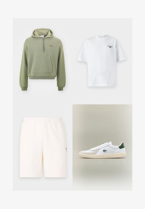 Sudadera verde corta hecha de tela suave, con un bolsillo tipo canguro y capucha con cordón, que presenta un pequeño logotipo bordado en el pecho.; Camiseta de algodón blanca con mangas cortas, que presenta el texto "Jeu Set et Match" y un pequeño logo verde en el lado izquierdo del pecho. Corte clásico.; Shorts de color crema con una cinturilla elástica, hechos de tela suave, con un pequeño logo en la parte inferior de la pierna izquierda.; Zapatilla blanca con acentos verdes, materiales de ante y cuero, punta redondeada, suela texturizada y logotipo bordado en el lateral y en la lengüeta.