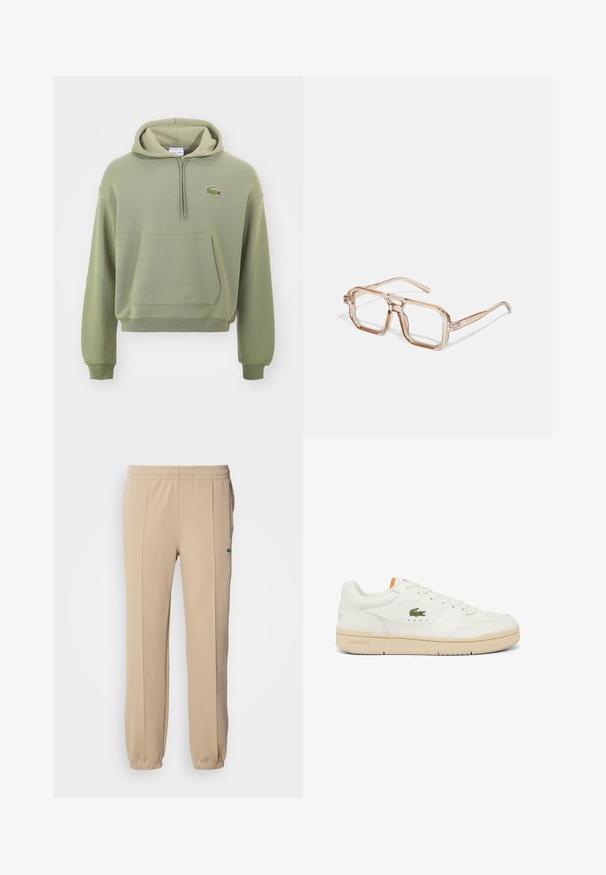 Grön kortärmad hoodie gjord av mjukt material, med en känguruficka och en dragsko i huven, samt en liten broderad logotyp på bröstet.; Lacoste Träningsbyxor - viennese; Vit lädersneaker med en beige sula, rund snörning, ett broderat grönt krokodil-märke och orange detalj på tungan.; Transparent hexagonala glasögon med ljusbruna toner; tjocka, klara bågar och slanka armar; inga synliga logotyper eller mönster.