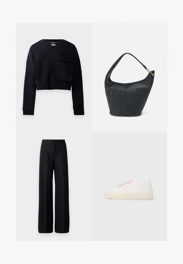 Sudadera negra recortada con mangas largas, tejido texturizado y un gran bolsillo decorativo en la parte frontal. Presenta un cuello redondo y puños de canalé.; Pantalones negros de pierna ancha con una textura suave y mate. Cintura plana sin herrajes visibles ni patrones. Diseño simple y elegante.; Zapatillas blancas con cordones rosas, con un diseño de cuero liso, puntera redonda y una suela de goma beige, incluye detalles de costura.; Bolso de cuero negro con forma redondeada, un strap ancho y un acabado texturizado. Presenta un sutil detalle de costura y un acento de hardware en tono dorado.