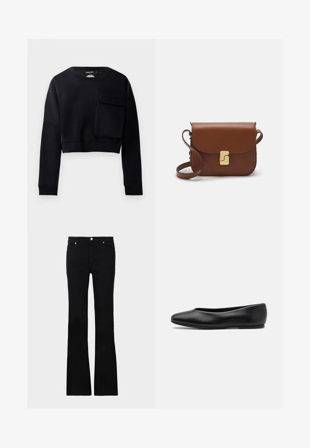 Črna skrajšana trenerka z dolgimi rokavi, strukturirana tkanina in velika dekorativna žepa na sprednji strani. Ima okroglo ovratnico in rebraste manšete.; Črne zvonaste kavbojke iz denima, ki imajo dve sprednji žepi, gumbasto zapiranje in gladko teksturo. Oznaka zašite vidna na šivih.; Paul Smith TOPANGA - Balerinke - black; Rjava usnjena torbica s poklopcem, zlato obarvani okovi, naramnica in gladka tekstura. Kompaktna pravokotna oblika.