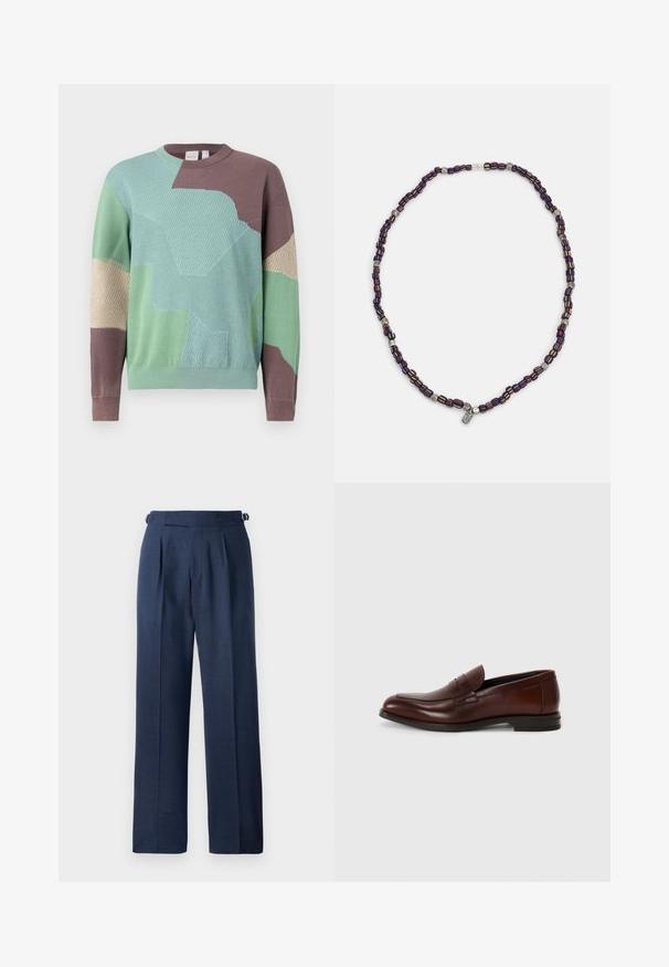 Πλεκτή ζακέτα με γεωμετρικό σχέδιο πατσίνας σε μέντα πράσινο, καφέ και μπεζ. Στρογγυλή λαιμόκοψη και μακριά μανίκια. Υφασμάτινη επιφάνεια.; Ναυτικά μπλε ραμμένα παντελόνια, φτιαγμένα από υφή, με ψηλή μέση, πτυχώσεις και ρυθμιζόμενες πλευρικές λουρίδες για καλύτερη εφαρμογή.; Καφέ δερμάτινα μοκασίνια με στρογγυλή μύτη, λεπτομέρεια μπροστινής ζώνης και χαμηλό στοίβαγμα τακούνι. Λείος υφή με ελάχιστους διακοσμητικούς ακρογωνιαίους.; Πολύχρωμο κολιέ με χάντρες σε σκούρο μπλε, κόκκινο και κίτρινο, διακοσμημένο με ασημί λεπτομέρειες και ένα κρεμαστό γούρι.