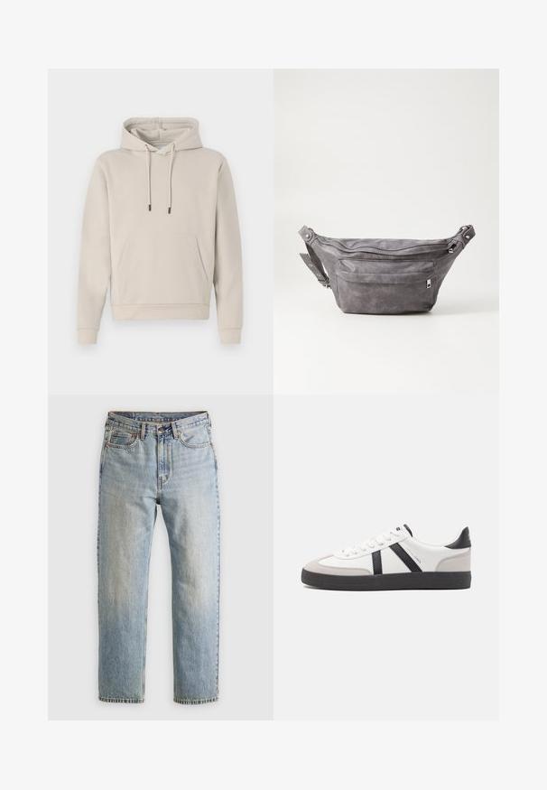 Hoodie in lichtbeige, met een voorzak, trekkoorden en geribbelde manchetten. Gemaakt van zacht, glad materiaal met een losse pasvorm.; Lichtblauwe denim jeans met hoge taille, frontknop, rits en vijfzakkenontwerp, plat gelegd op een neutrale achtergrond.; Witte sneaker met zwarte en grijze accenten, voorzien van een grijze neus met textuur, zwarte rubberen zool en platte witte veters. Schoon ontwerp, minimalistische stijl.; Grijze suède heuptas met een ronde vorm, twee met rits afgesloten compartimenten en een verstelbare band. Voorzien van metalen accenten.