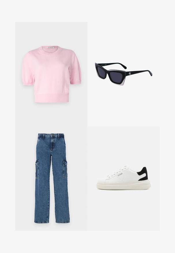 pure cashmere PUFF SHORTSLEEVE - Jumper - pink; Blue denim cargo pants with a relaxed fit, featuring two side pockets, reinforced stitching, and a straight leg design.; White leather sneakers with a thick white sole, black suede heel accent, and embossed logo on the side. Laced design with six eyelets.; Black oversized sunglasses with a geometric shape, featuring dark lenses and a contrasting grey detail on the frame. Logo on the arm.