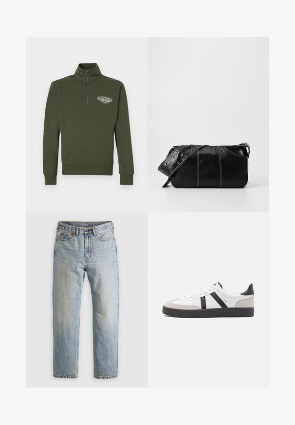 Dark green zip-up sweatshirt with a high collar, featuring white text logo design on the left chest and ribbed cuffs and hem.; Light blue denim jeans with high waist, front button, zipper, and five-pocket design, laid flat on a neutral background.; White sneaker with black and gray accents, featuring a textured gray toe cap, black rubber sole, and flat white laces. Clean design, minimalist style.; Black leather shoulder bag with a zip closure, featuring a textured body, white stitching, and a strap with silver grommets.