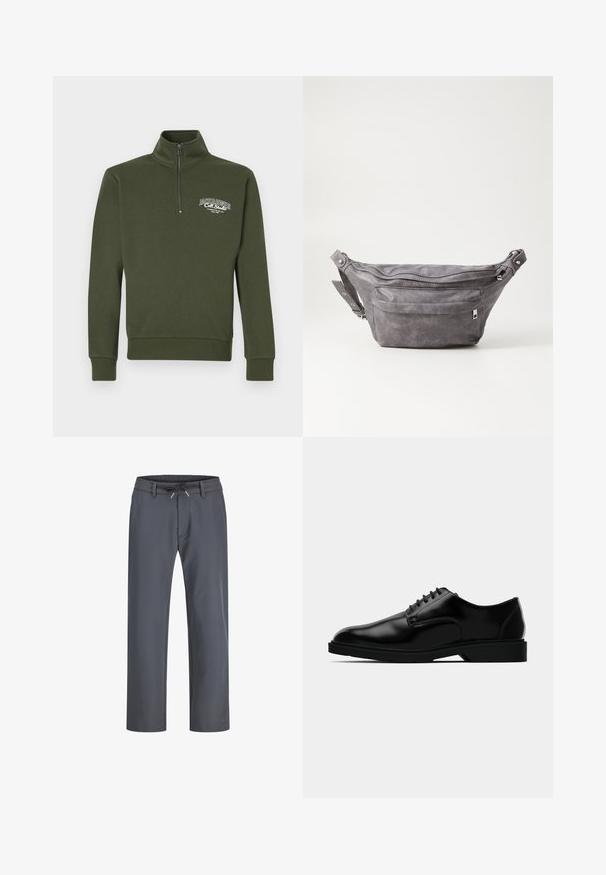 Tummanvihreä vetoketjullinen paita, jossa on korkea kaulus, vasemmassa rinnassa valkoinen tekstilogopainatus sekä resorit hihansuissa ja helmassa.; Harmaat, joustavat vyötäröhupparit, joissa on kiristysnauha. Suoralinjainen malli, valmistettu sileästä kankaasta, jossa on minimaalinen ompelu ja ei näkyviä kiinnityksiä.; Mustat nahkakengät, joissa on sileä pinta, pyöreä kärki, nauhakiinnitys ja huomaamaton kumipohja pidon takaamiseksi.; Harso harmaa samettinen vyölaukku pyöreällä muotoilulla, kahdella vetoketjullisella osastolla ja säädettävällä hihnalla. Varustettu metallisilla varusteilla.