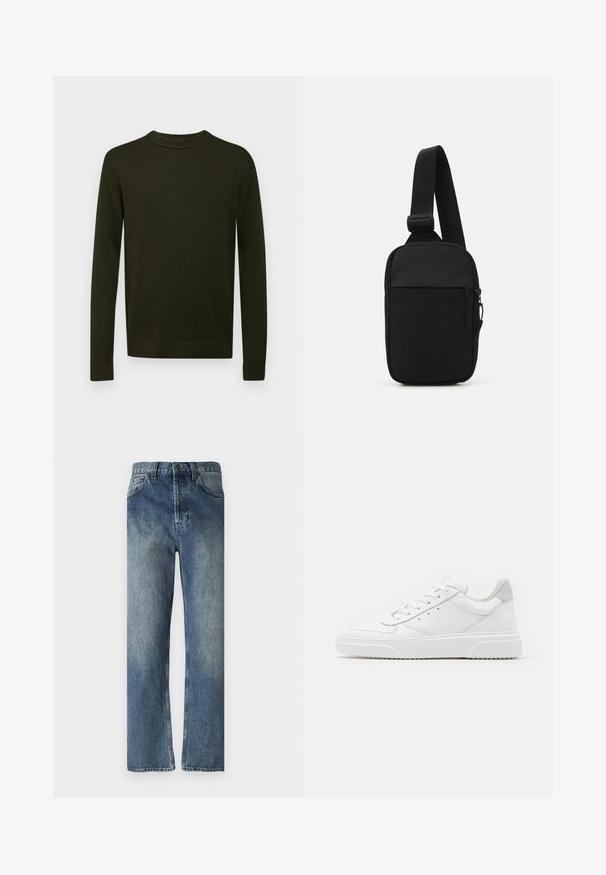 Tumši zaļš adīts džemperis ar apaļu kakla izgriezumu, garām piedurknēm un ribotiem apkakles galiem. Vienkāršs, vienkrāsains raksts bez papildu rotājumiem.; Zilā džinsa bikses ar taisnu kāju griezumu, ar izbalējušu mazgāšanu, jostu cilpām, priekšējām kabatām un vienu aizmugures kabatu.; Baltie ādas sporta apavi ar gludu virsmu, noapaļotu purngalu, plakaniem šņorēm un reljefa zoli. Pelēks zamšādas akcenti pie papēža.; Melnā krusta soma, kas izgatavota no izturīga auduma, ar vienu regulējamu siksnu, ar rāvējslēdzēju galveno nodalījumu un priekšējo kabatu.