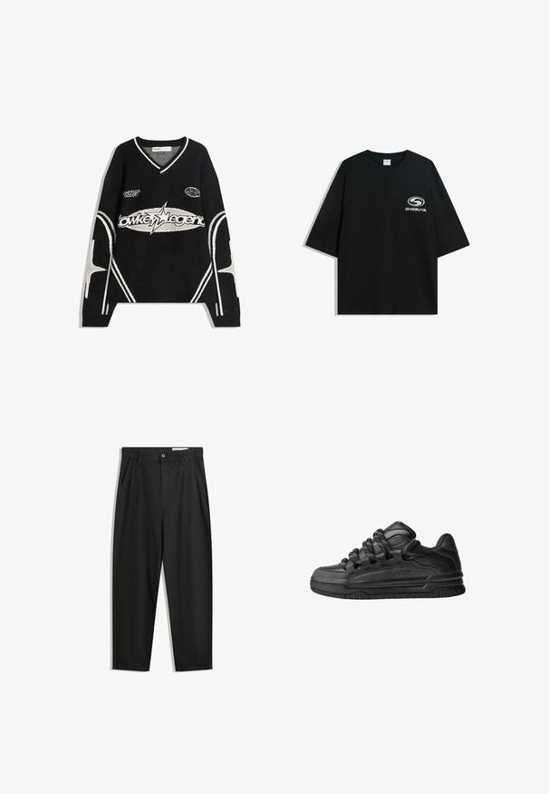 Černý pletený svetr s výstřihem do V, se bílými akcenty a grafickými textovými vzory. Obsahuje hvězdné vzory na rukávech a lemu.; Černé oversized bavlněné tričko s kulatým výstřihem a krátkým rukávem, na přední straně s potiskem bílého loga "Shibuya".; Černé bavlněné kalhoty s uvolněným střihem, klasickým pasem, předními záhyby a bočními kapsami. Hladká textura bez vzorů.; Černé tenisky s hladkým koženým svrškem, texturovanými akcenty a kulatými černobílými tkaničkami. Silná gumová podrážka s vzorovaným dezénem.