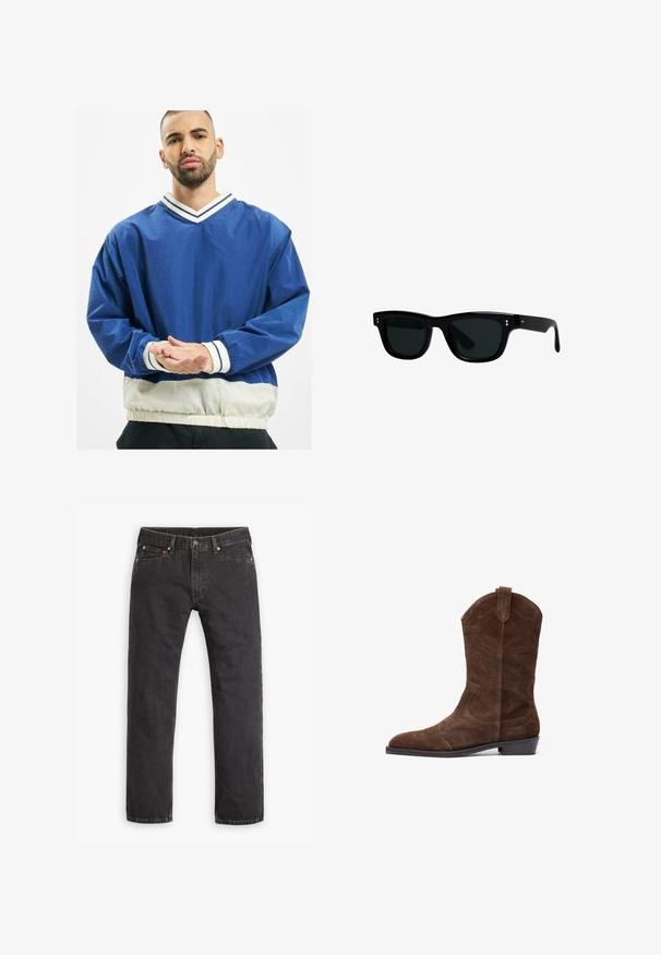 Blue pullover jacket with a V-neck, featuring white striped collar and cuffs, elastic waistband, and contrasting white lower section.; Black cotton t-shirt with short sleeves, round neck, and a relaxed fit. Smooth texture and minimalistic design, no patterns or accents.; Black straight-leg denim jeans with five pockets, button closure, and copper rivets laid flat on a white background.; Brown suede cowboy boot with a pointed toe, embossed stitching details, and a low stacked heel. Features side pull tabs for easy wear.; Black sunglasses with square frames, dark lenses, and smooth plastic material. Features small, round accents on the front and slender arms.