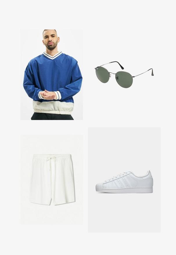 Blue pullover jacket with a V-neck, featuring white striped collar and cuffs, elastic waistband, and contrasting white lower section.; White athletic shorts made of lightweight fabric, featuring an elastic waistband with a drawstring and side pockets. Smooth texture.; White leather sneaker with a textured rubber toe cap, three side stripes, and a cushioned collar. Flat white laces and a minimal design.; Metal-framed sunglasses with oval green lenses. Thin silver metal frame and black ear tips. Minimalist design, no visible logos.