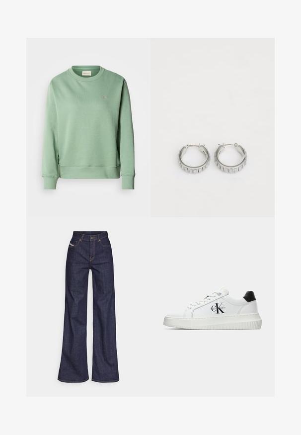 Mätovo zelená mikina s okrúhlym výstrihom, dlhými rukávmi, rebrovanými manžetami a lemovaním. Obsahuje malé vyšívané logo na hrudi.; Tmavomodré široké džínsy z denimu s vysokým pásom, zdobené oranžovým šitím, päť vreckovým dizajnom a zapínaním na gombík.; Biele nízke tenisky s čiernym pätkovým dielom, platformovou podrážkou, šnúrkami a logom "CK" značky Calvin Klein na boku.; Strieborné kruhové náušnice s textúrovaným dizajnom, ktorý obsahuje vertikálne ryhy. Obdĺžnikový tvar so zabezpečovacím uzáverom. Hladký povrch.