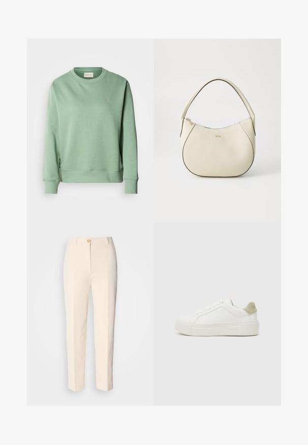 Felpa verde menta con colletto a girocollo, maniche lunghe, polsini e orlo a coste. Presenta un piccolo logo ricamato sul petto.; Pantaloni color crema a vita alta realizzati in un tessuto testurizzato. Presentano una chiusura frontale con bottone e gambe affusolate.; Sneaker bianco con tomaia in pelle liscia, accentuazione in suede grigio chiaro sul tallone e suola in gomma bianca spessa. Presenta un design con lacci.; Borsa color crema con una finitura testurizzata, forma curva, manico corto e dettaglio del logo in tonalità oro. Chiusura con zip nella parte superiore.