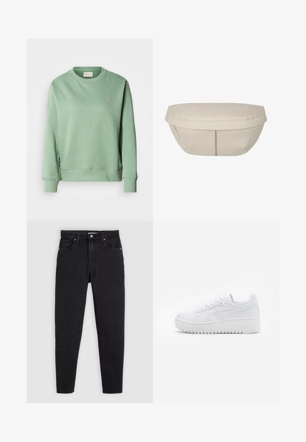 Sudadera verde menta con cuello redondo, mangas largas, puños y dobladillo acanalados. Presenta un pequeño logo bordado en el pecho.; Jeans negros ajustados con cierre de botón y cremallera, diseño de cinco bolsillos y pasadores para cinturón sobre un fondo gris claro.; Zapatillas de plataforma blancas con una textura de cuero suave, detalles perforados y cordones planos; cuentan con una suela de goma blanca gruesa.; Funda de tela beige con forma redondeada, que presenta una parte superior plana y detalles de costura sutiles. Incluye un logotipo minimalista y una correa lateral.