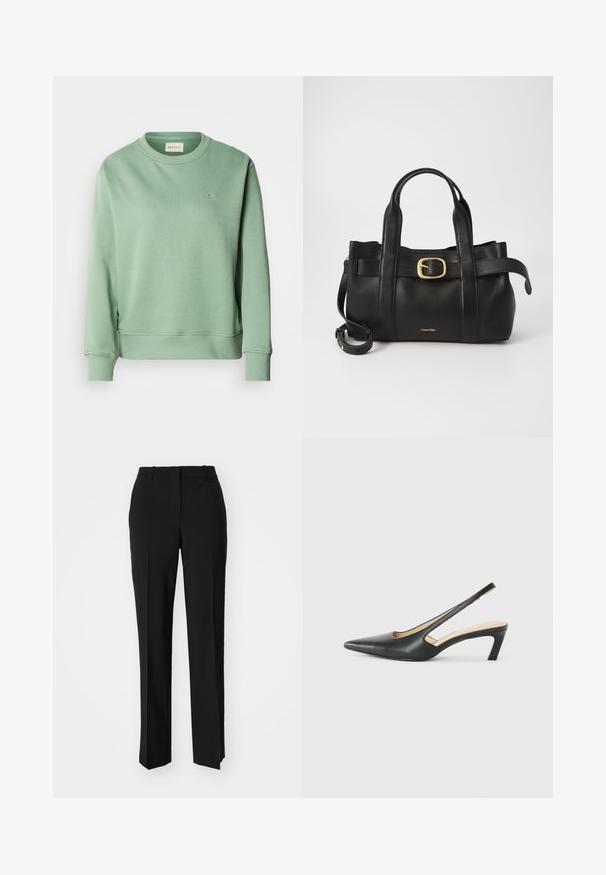 Mintgrønn genser med rund hals, lange ermer, ribbede mansjetter og kant. Har et lite brodert logo på brystet.; Sorte skreddersydde bukser med rett silhuett, med en glatt tekstur og klare pressede bretter foran. Ingen synlig maskinvare.; Svart spiss tå slingback-sko med lav hæl, laget av jevnt skinnmateriale og med utskåret design på siden for pusteevne.; Svart lærveske med en strukturert design, doble topphåndtak, gullfarget spenneakent og preget merke-logo foran.