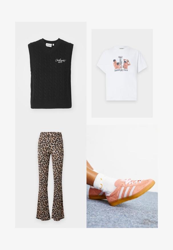 Carhartt WIP SIGNATURE - Svetr - black/wax; Bílý bavlněný t-shirt se grafickým potiskem čtyř postav a textem "Zní to gay, jdu do toho." Volný, ležérní střih s krátkými rukávy.; Kalhoty s leopardím potiskem v béžové a černé barvě, vyrobené z měkké látky s hladkým povrchem, s přiléhavým pasem a rozšířeným lemem.; Růžové semišové tenisky s bílými pruhy, úzkým tvarem a texturovanou špičkou. Průhledná gumová podrážka s mírným žlutým nádechem.